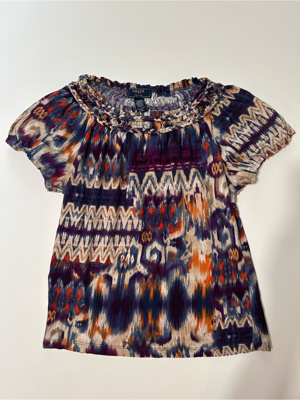 Chaps Multi-Color Ikat Print Short Sleeve Knit Top with Braided Neckline